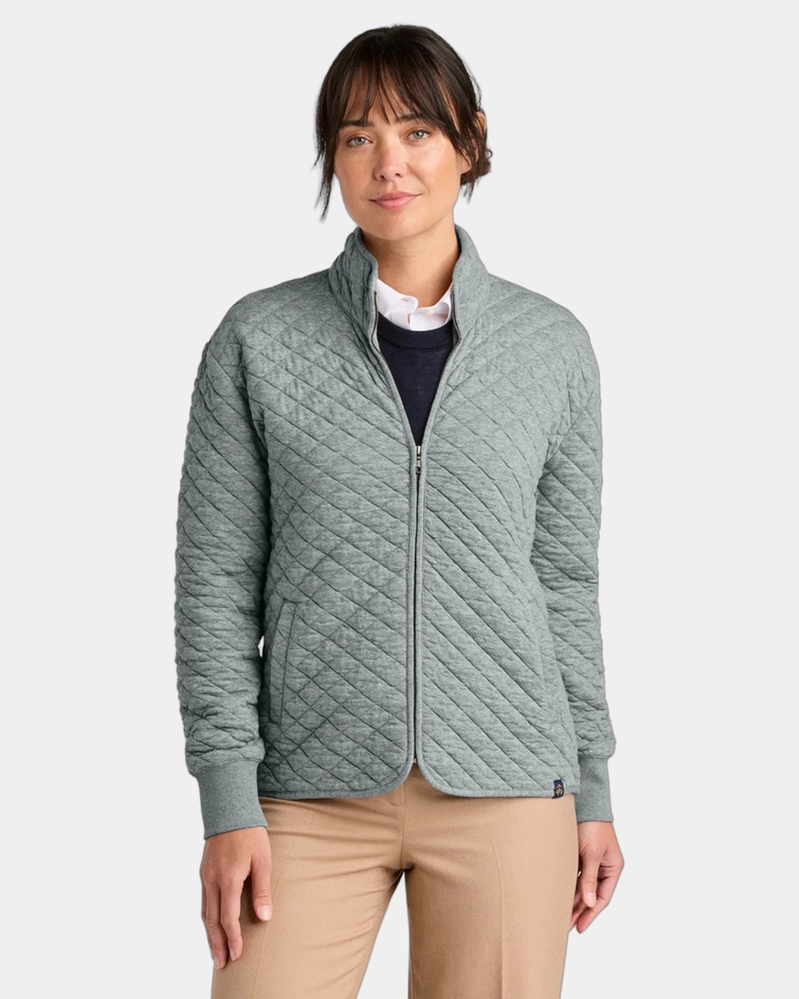 Custom diamond quilt full-zip fleece jacket for women - Light Shadow Grey Heather